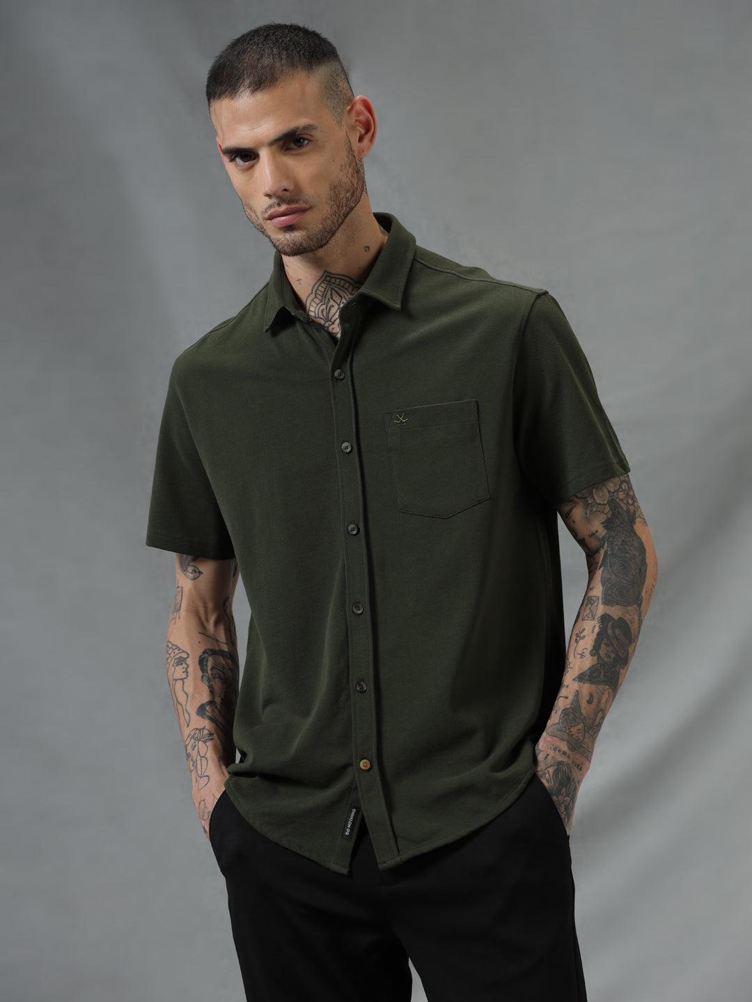 Olive Button Up Pique Shirt