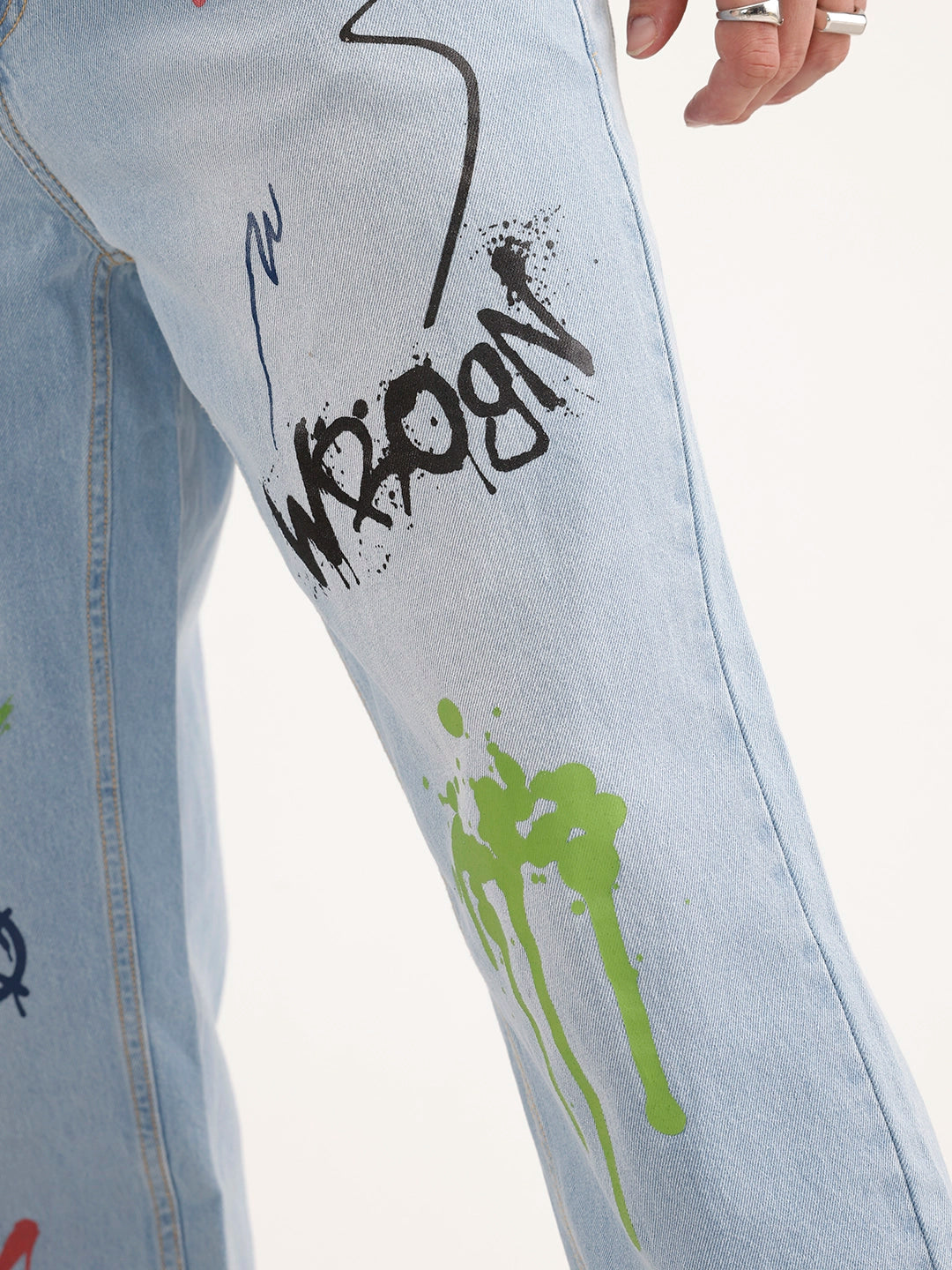 Loose Fit Placement Printed Denim Jeans | Light Blue