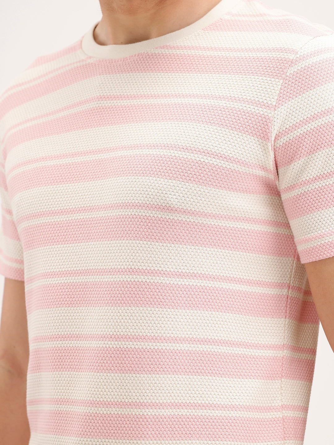 Slim Fit Popcorn Textured Striped T-Shirt | Pink