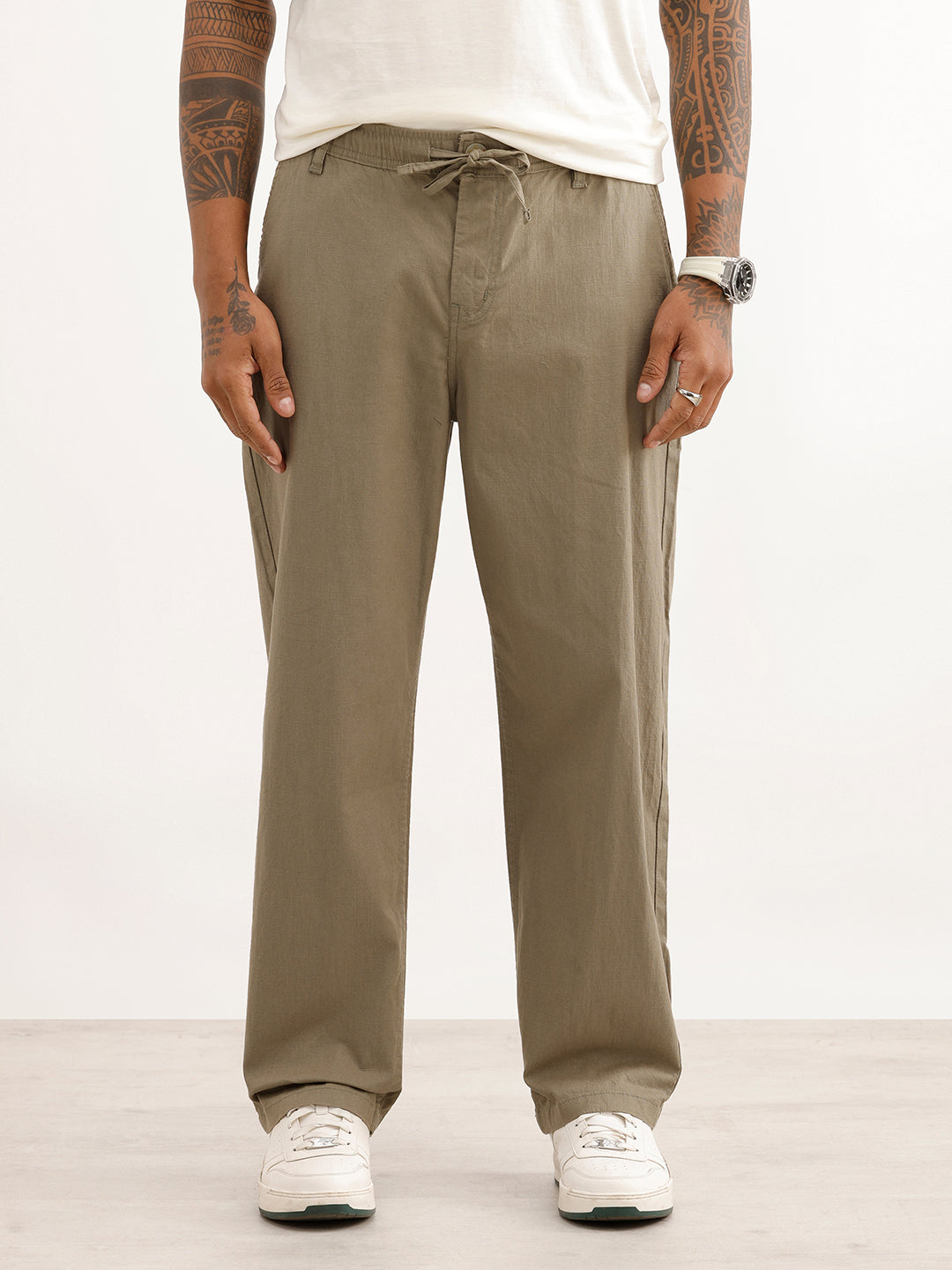 Solid Textured Loose Fit Trouser | Olive