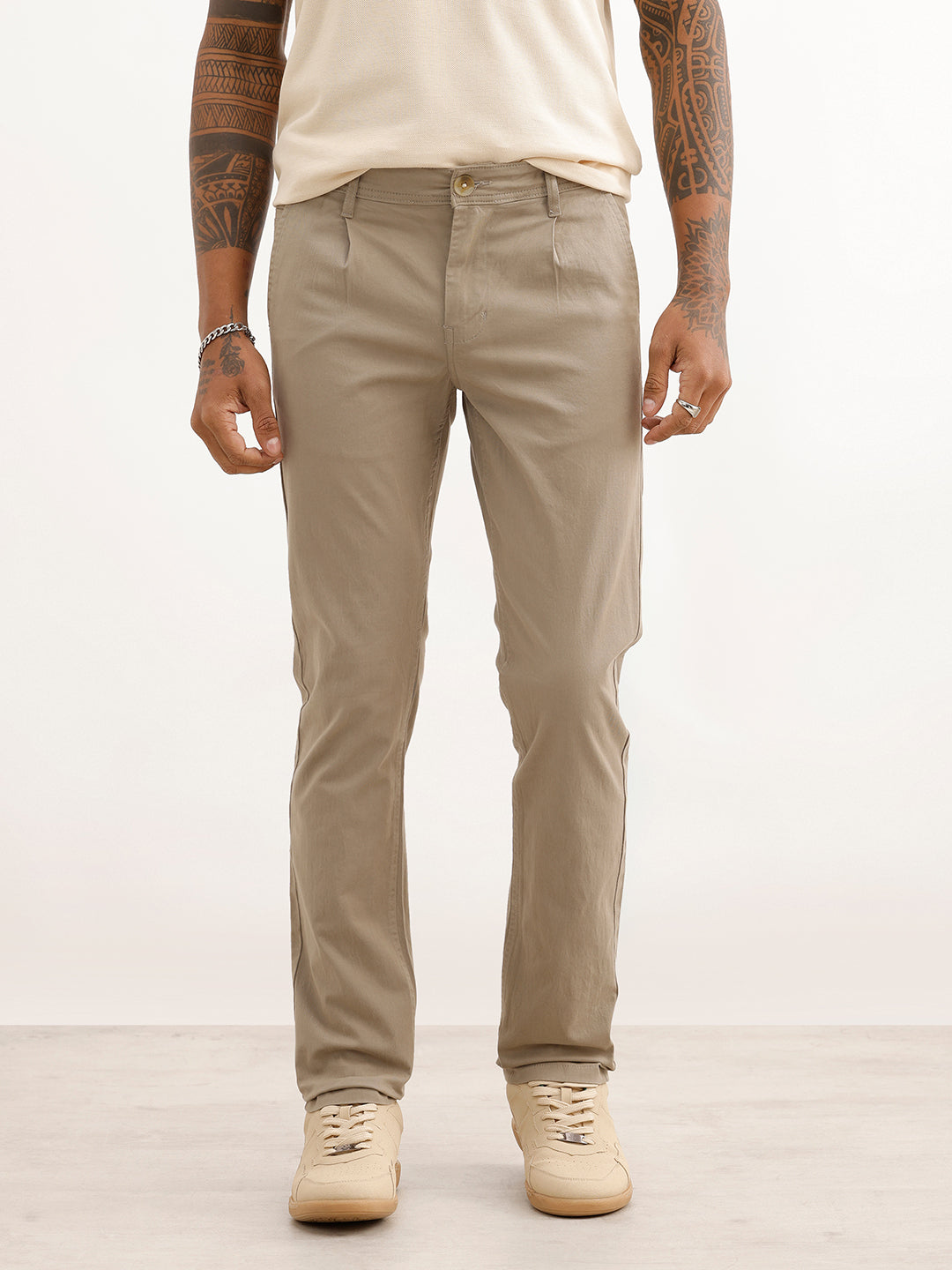 Solid Slim Fit Pleated Trouser | Grey