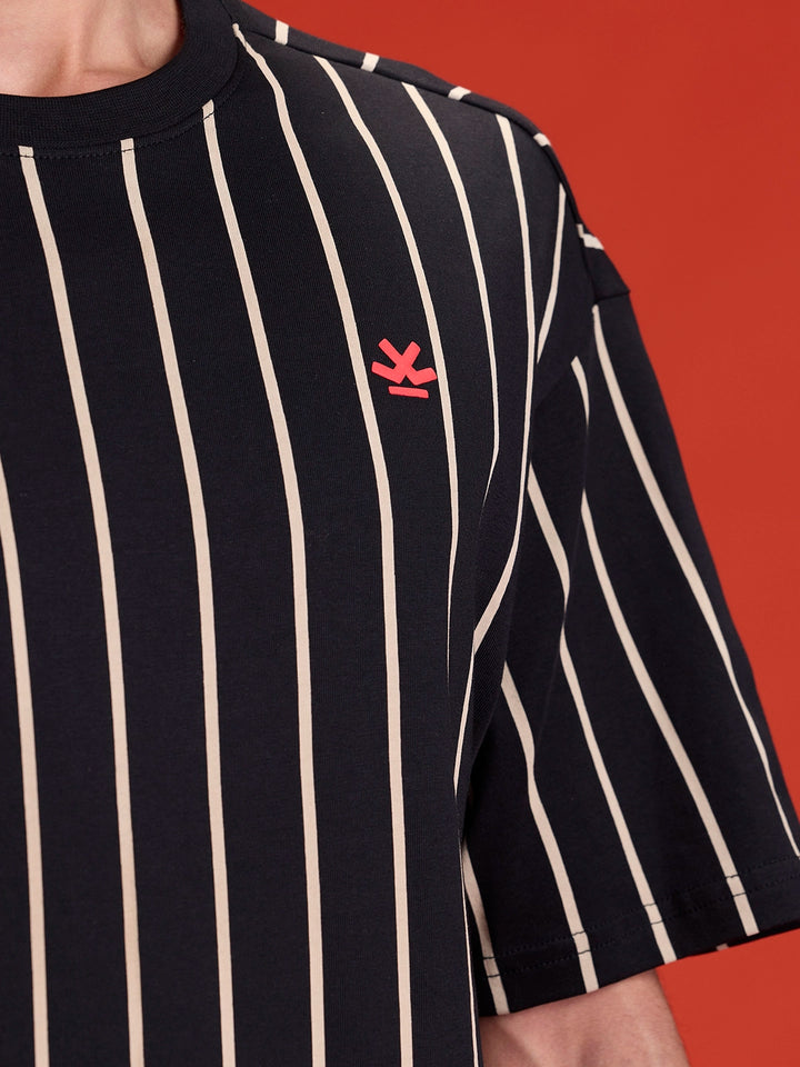 Striped Oversized Fit T-shirt With Puff Print | Black