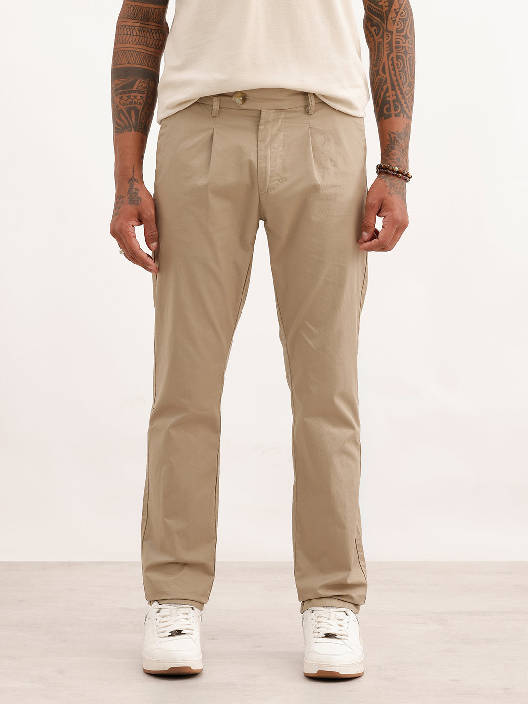 Solid Slim Fit Pleated Trouser | Beige