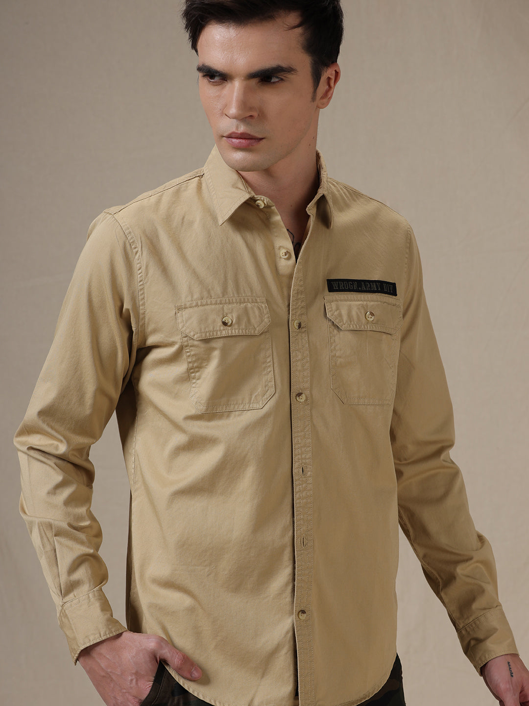 Wrogn Patch Technical Khaki Shirt