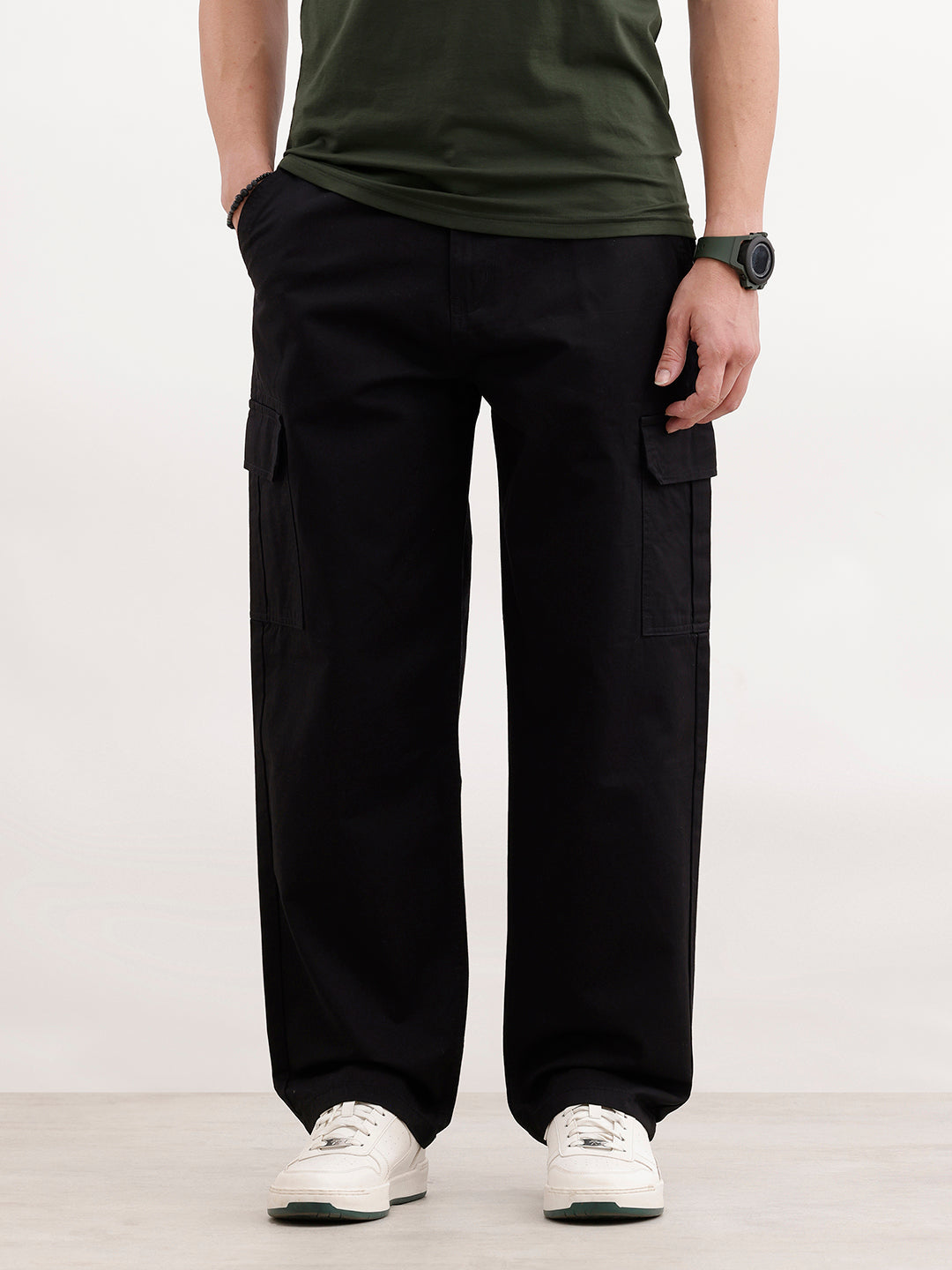 Solid Loose Fit Cargo Trouser | Black