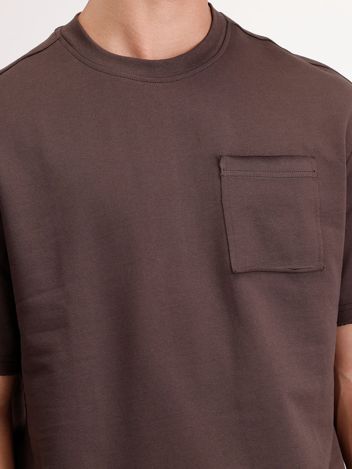 Oversized Solid Patch Pocket T-Shirt | Brown