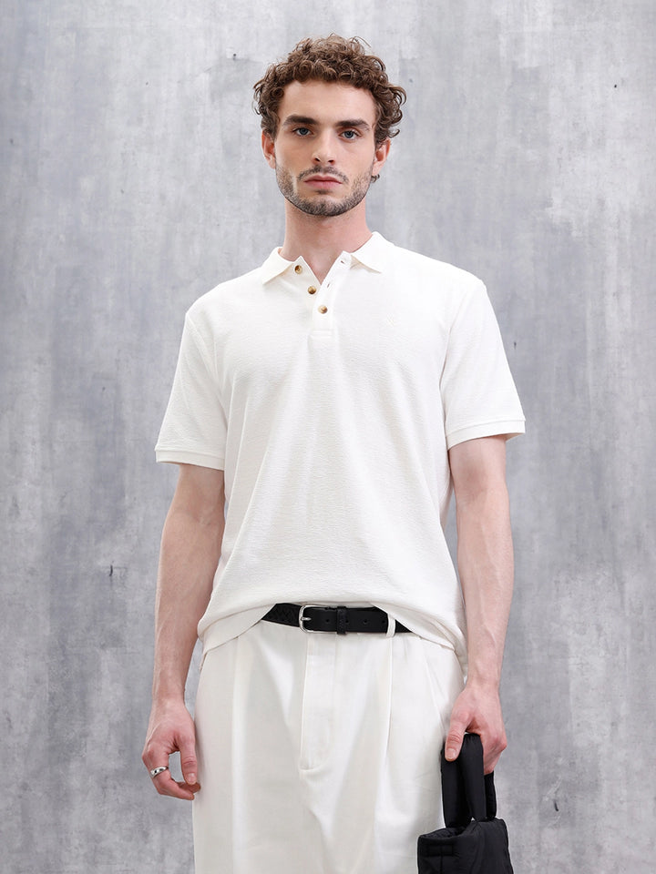 Crinkled Knit Polo T-Shirt | Off White