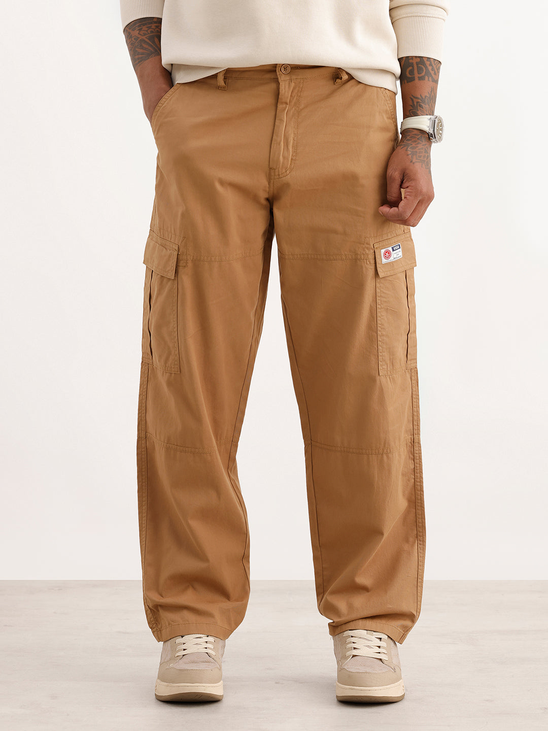Solid Relaxed Fit Cargo Trousers | Brown