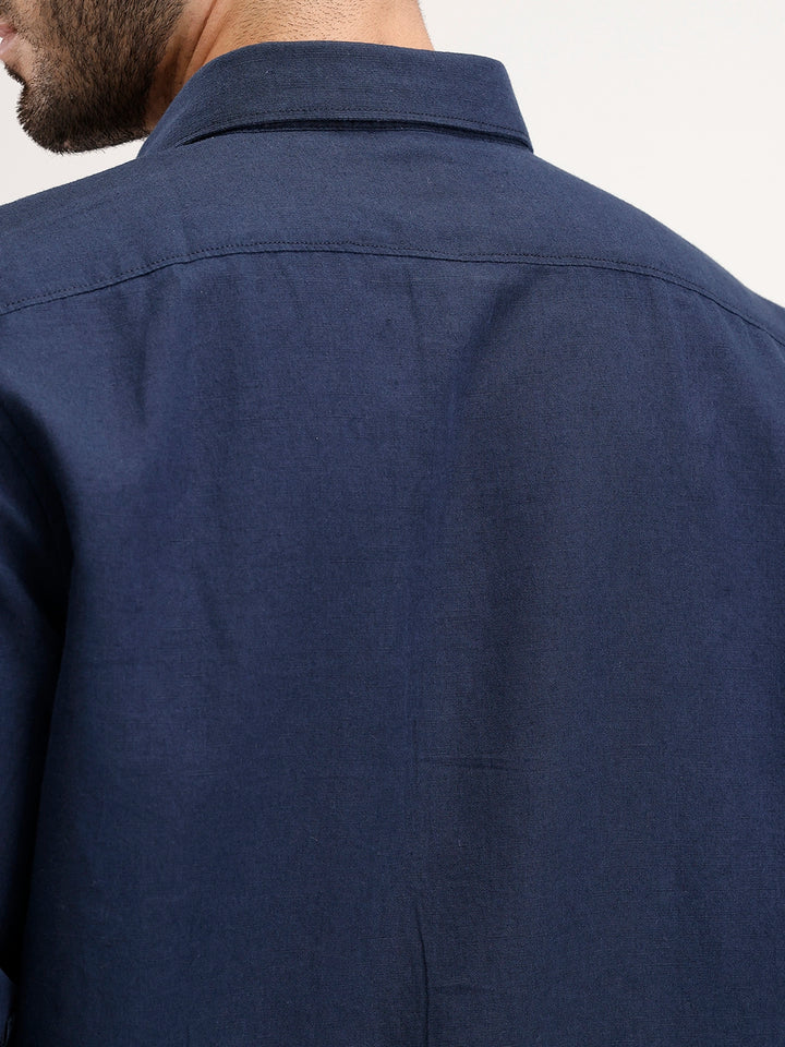 Solid Slim Fit Linen Blend Shirt  | Navy Blue
