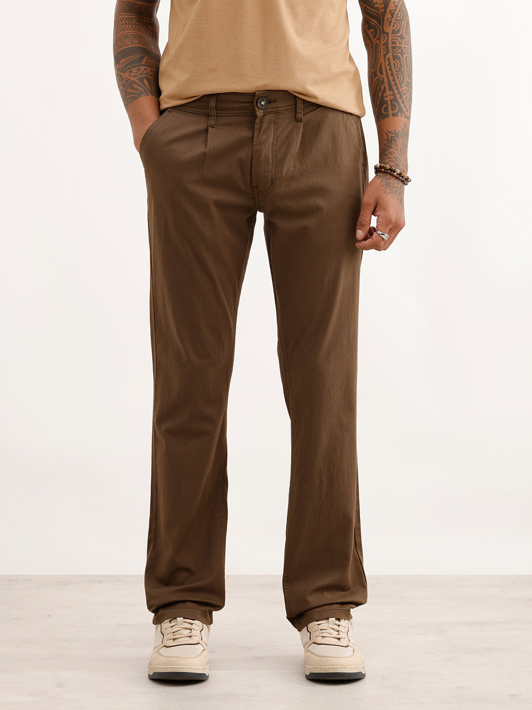 Solid Straight Fit Pleated Trouser | Olive