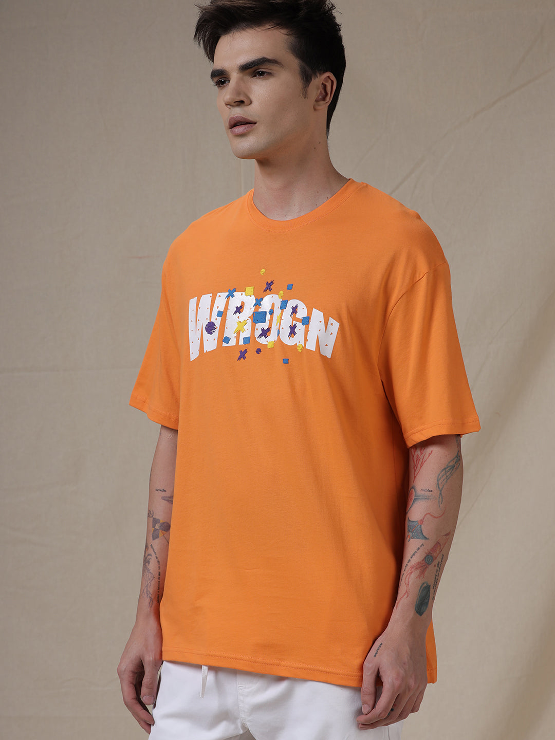 Wrogn Print Oversized Orange T-Shirt