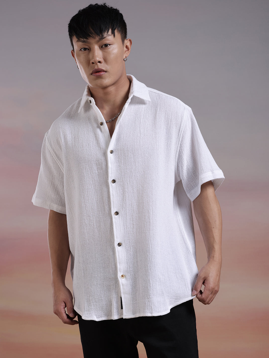 Textured Half Sleeve White Shirt