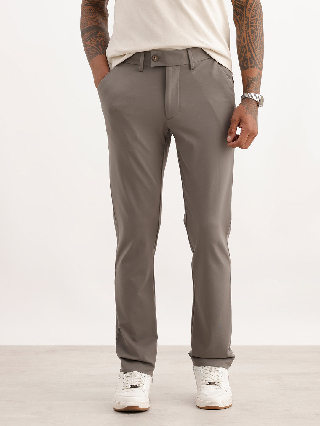 Solid Slim Fit Cotton Blend Trouser | Olive