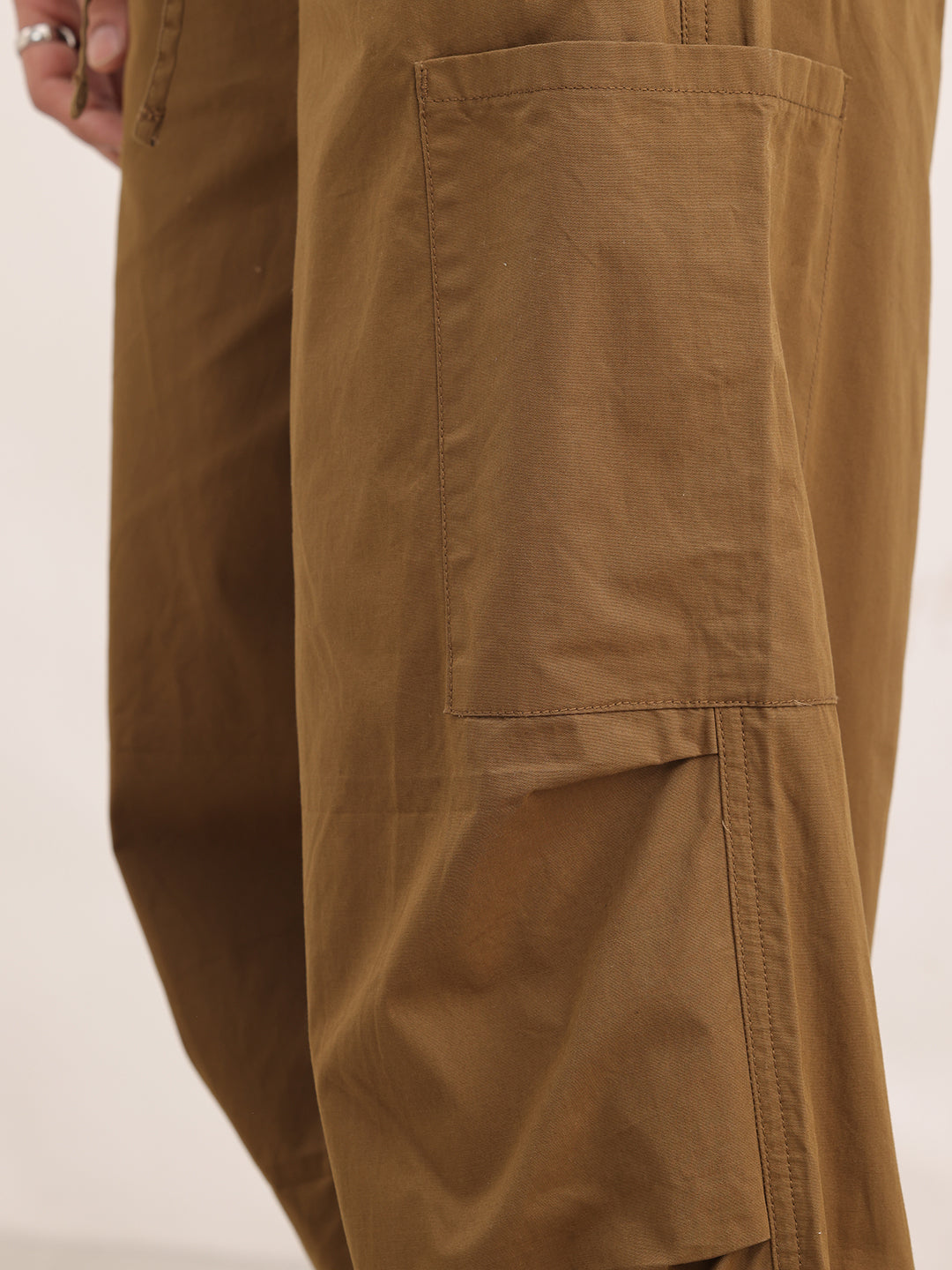Solid Loose Fit Cargo Trousers | Khaki
