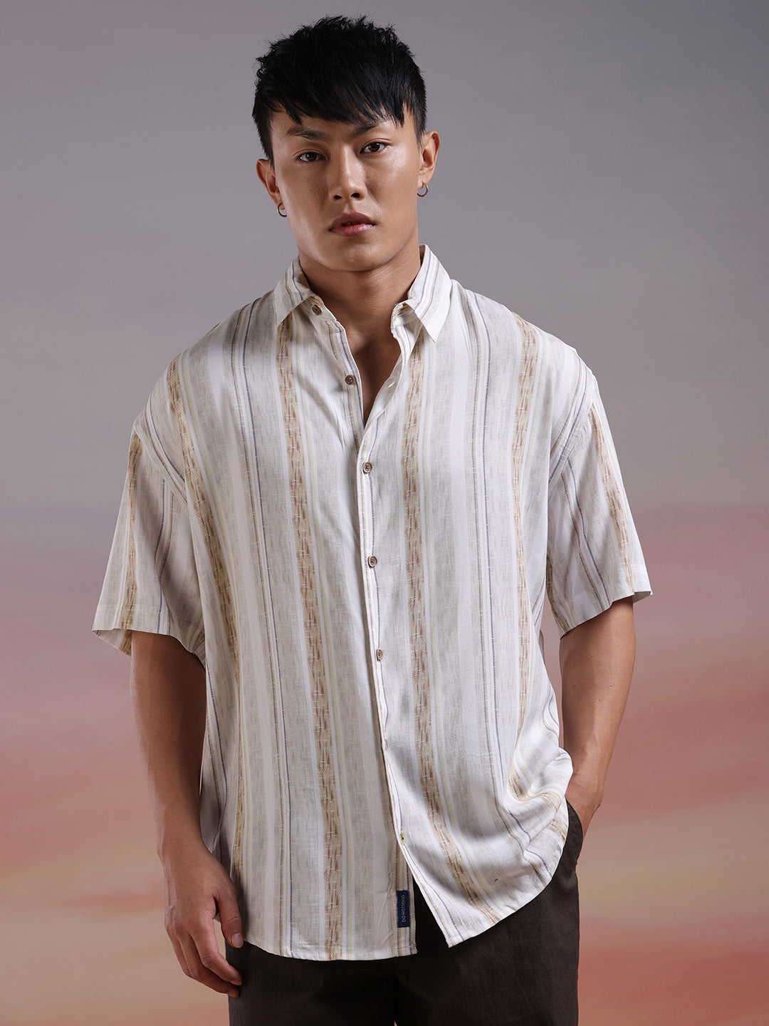 Sleek Stripes Half Sleeve Brown Shirt