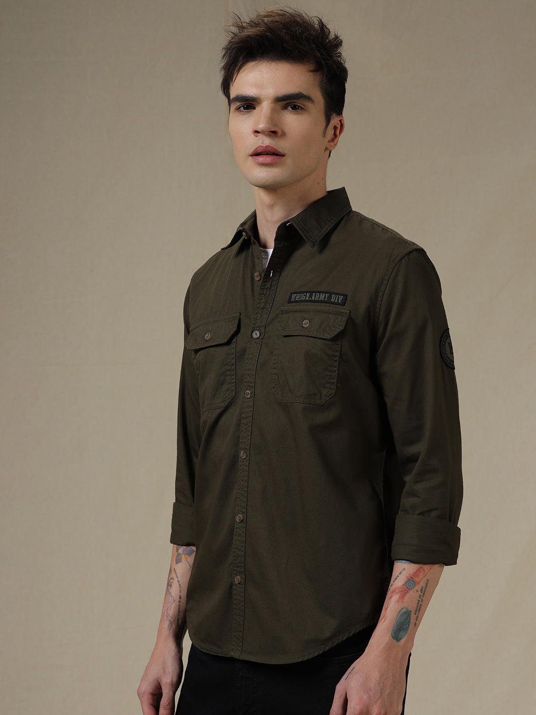 Wrogn Arm Patch Technical Olive Shirt