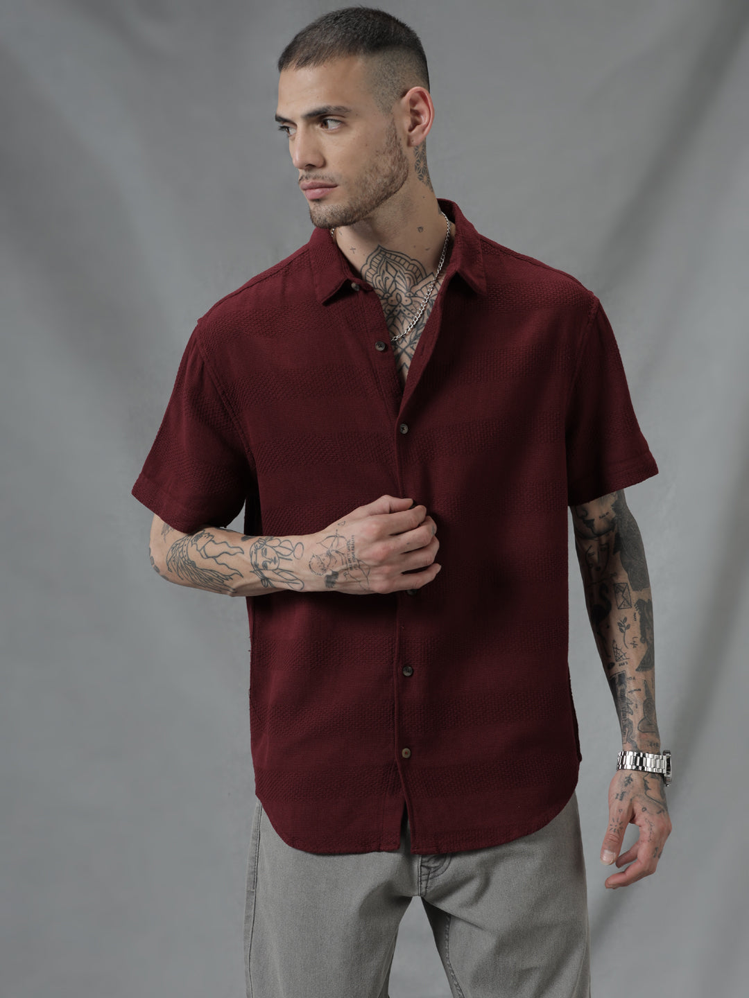 Maroon Dobby Short Sleeve Shirt