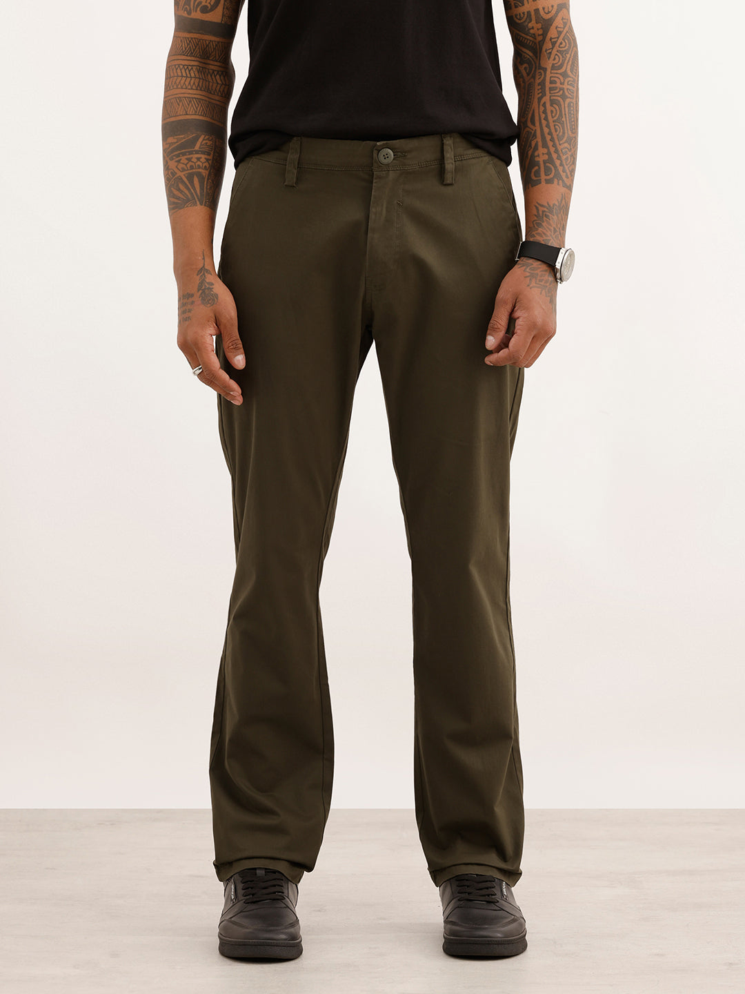 Straight Fit Solid Trouser | Olive