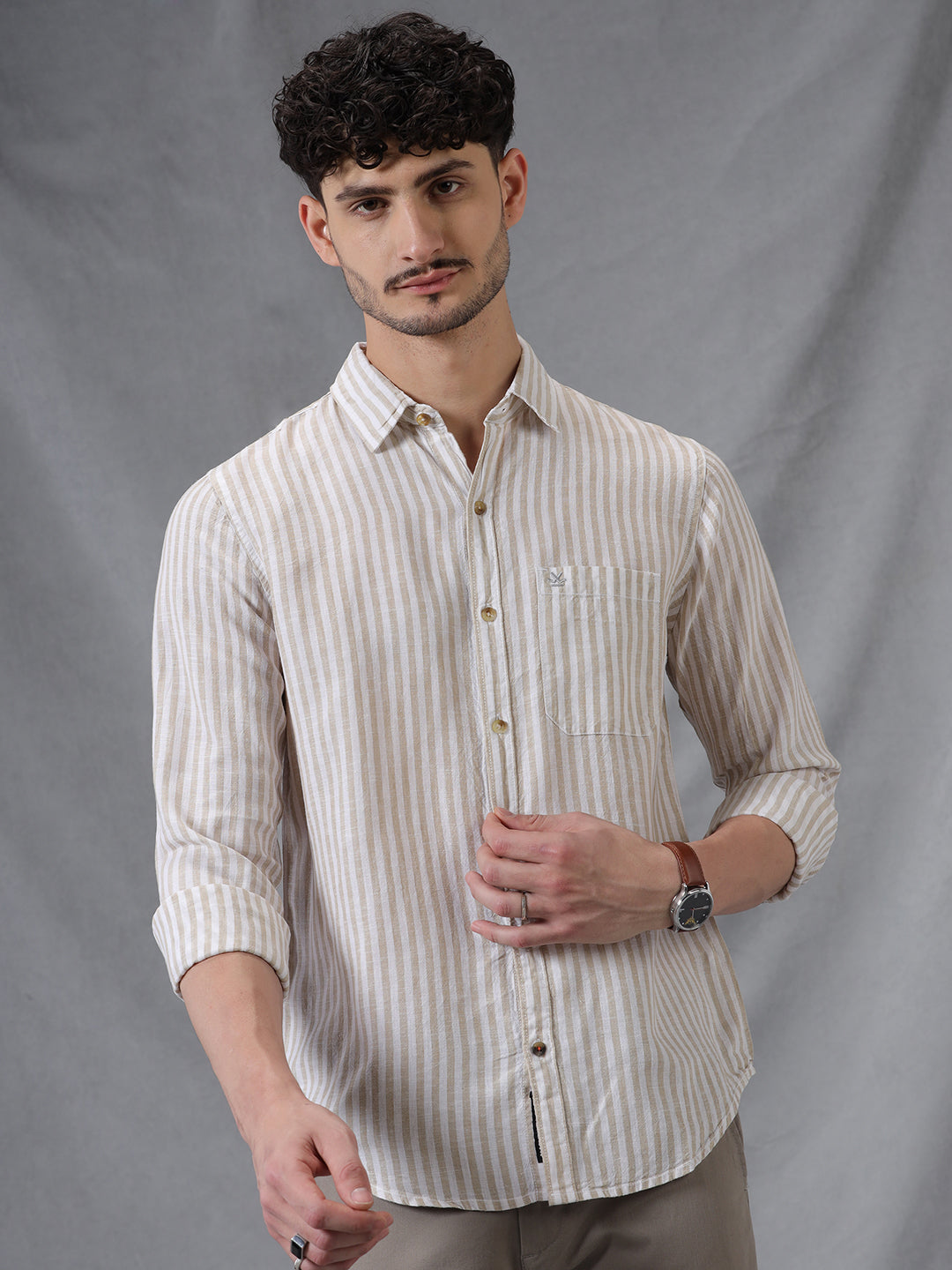 Yarn Dyed Beige Stripes Shirt