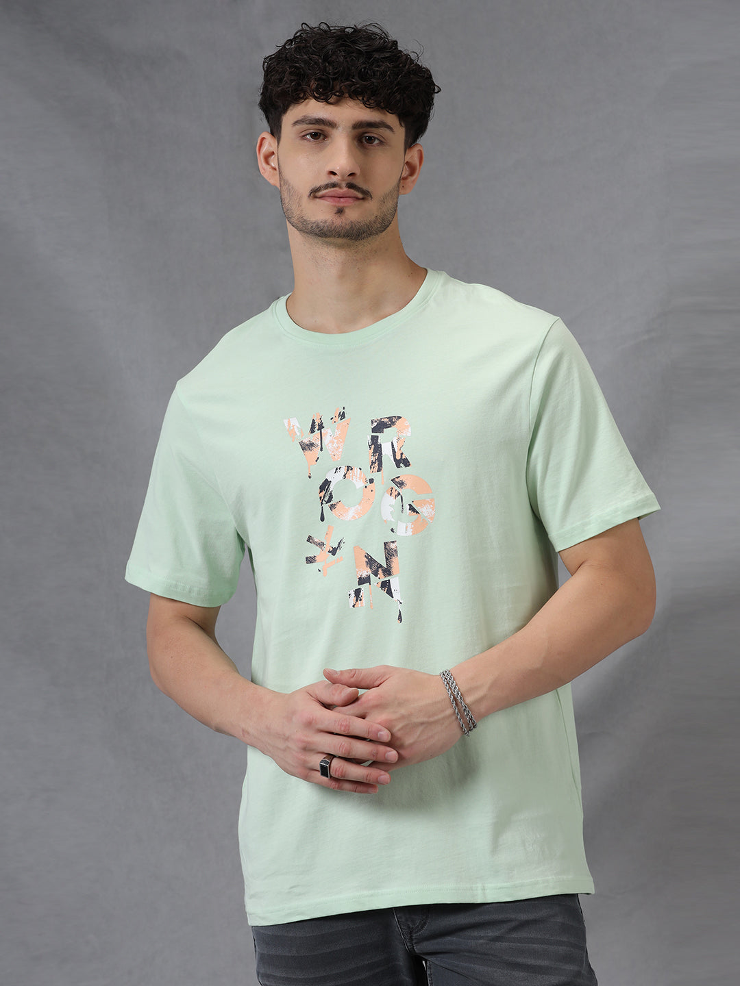 Wrogn Drip Green Crew Neck T-Shirt