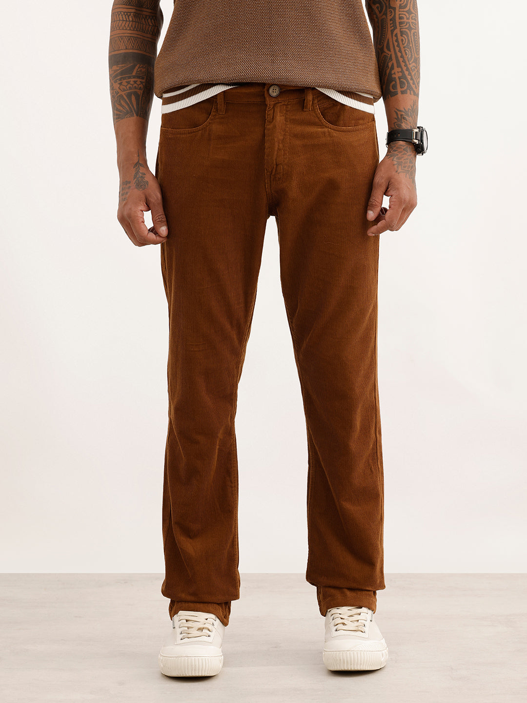 Solid Straight Fit Corduroy Trousers | Brown