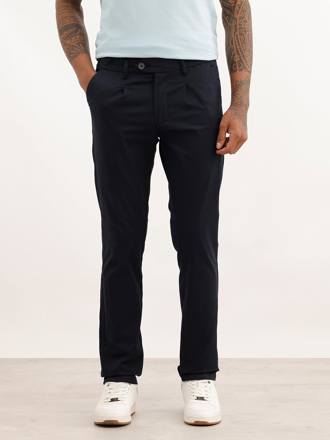 Solid Slim Fit Pleated Trouser | Navy Blue