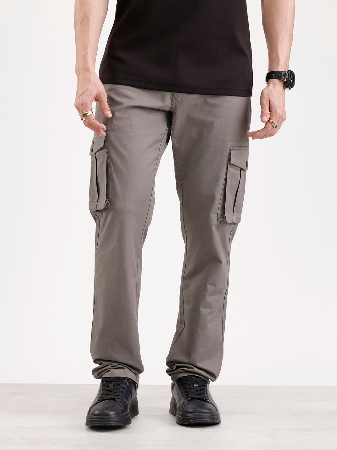 Solid Straight Fit Cargo Trouser   |  Grey