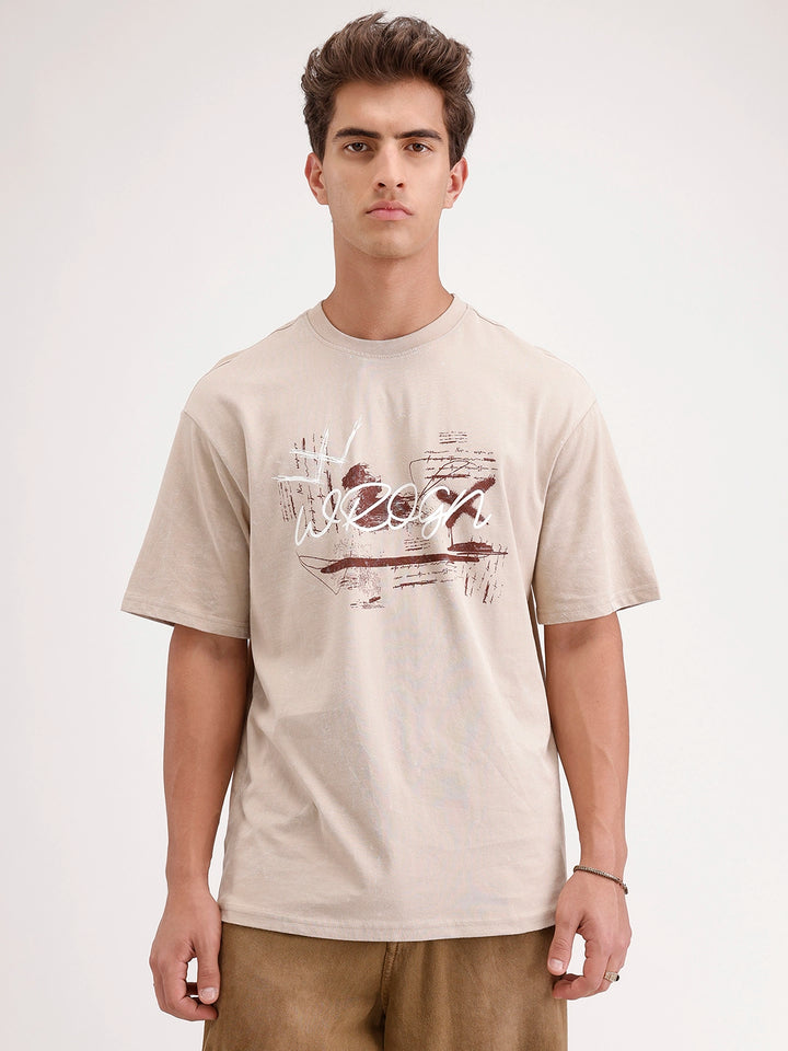 Oversized Placement Printed T-Shirt | Beige