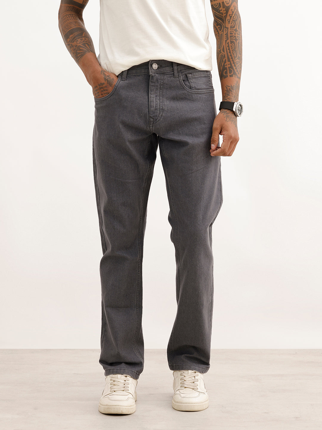 Solid Straight Fit Denim Jeans | Dark Grey