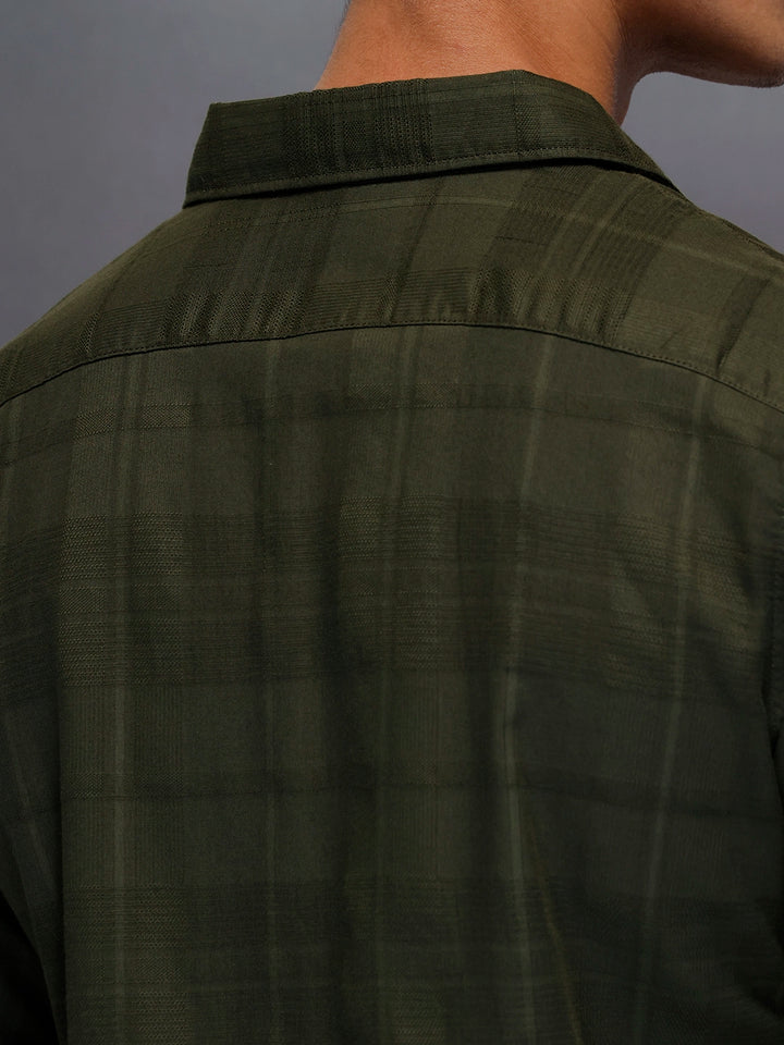 Men’s Dark Green Subtle Check Shirt | Olive