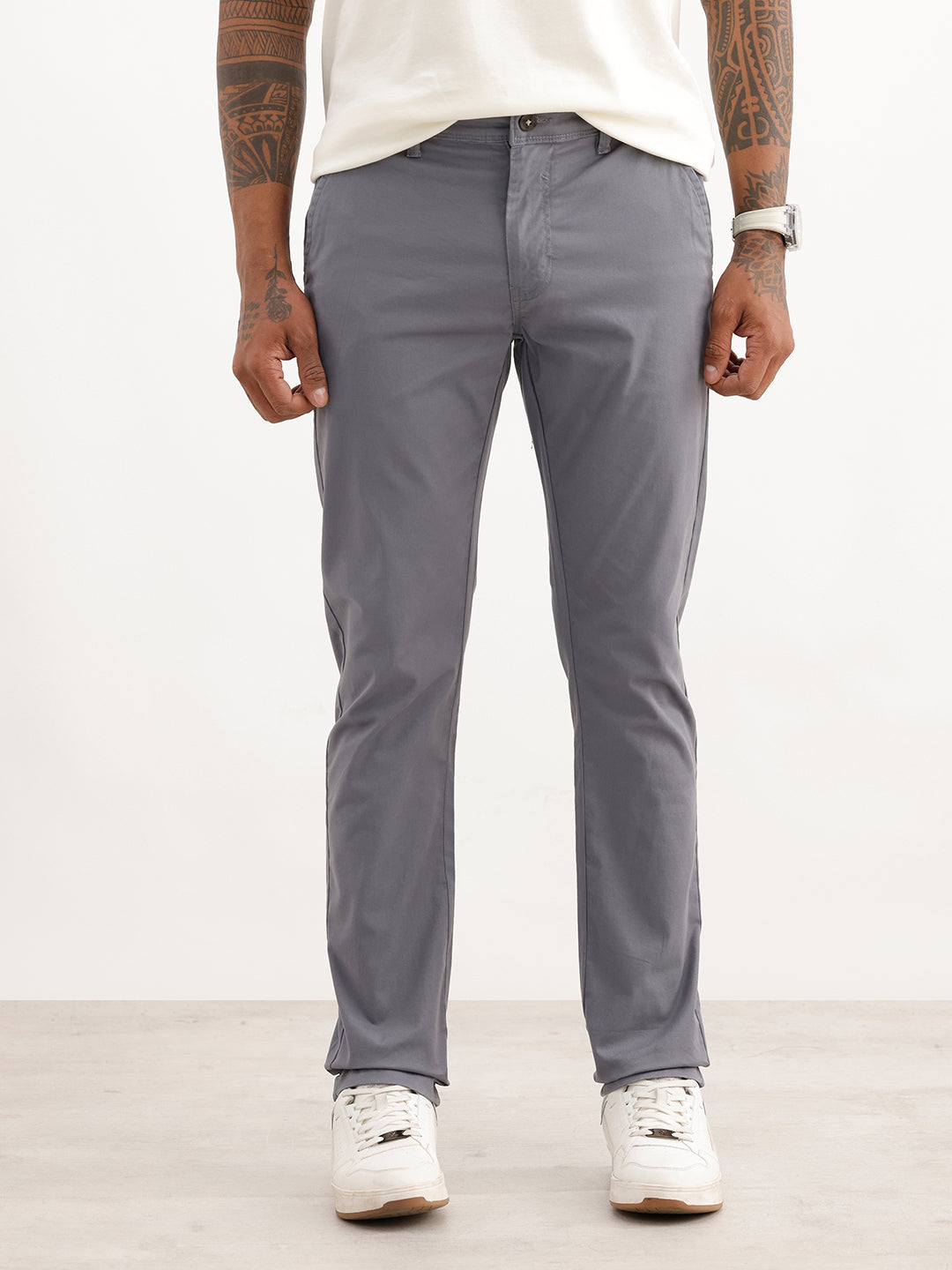 Solid Slim Fit Cotton Blend Trouser | Grey