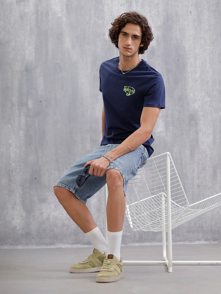 Placement Printed Slim Fit T-Shirt  | Navy Blue