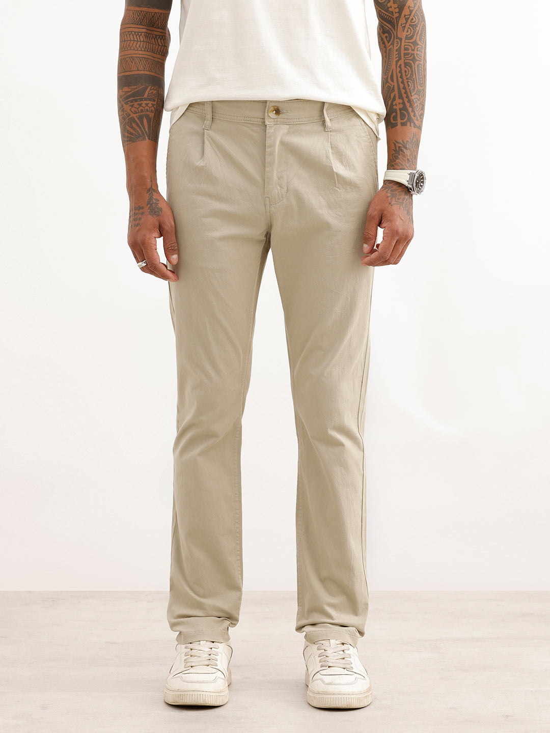 Solid Slim Fit Pleated Trouser | Beige