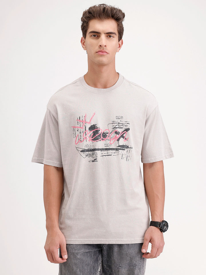 Oversized Placement Printed T-Shirt | Grey