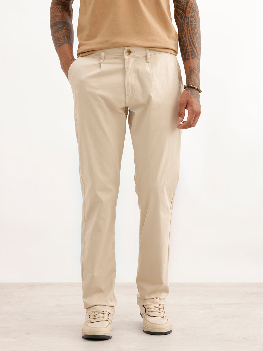 Solid Slim Fit Pleated Trouser | Off White