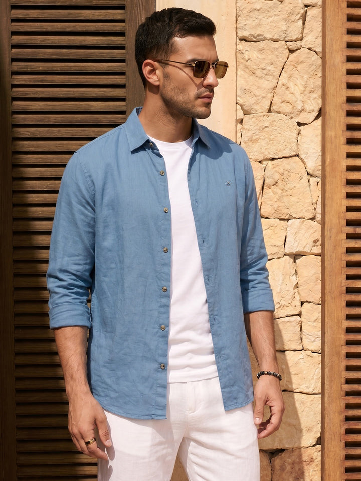 Solid Linen Blend Slim Fit Shirt | Blue