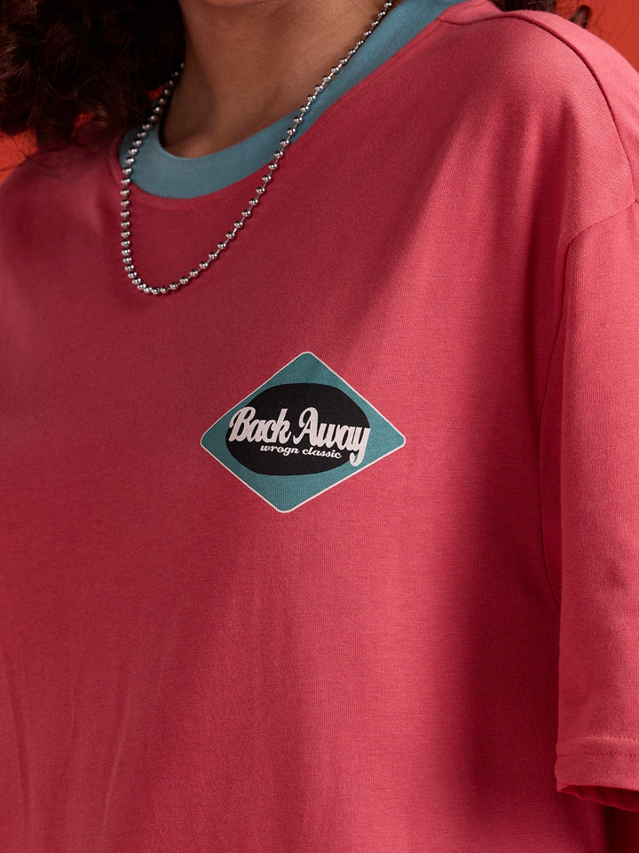 Contrast Neck Retro Graphic Printed Oversized Fit Tshirt | Red