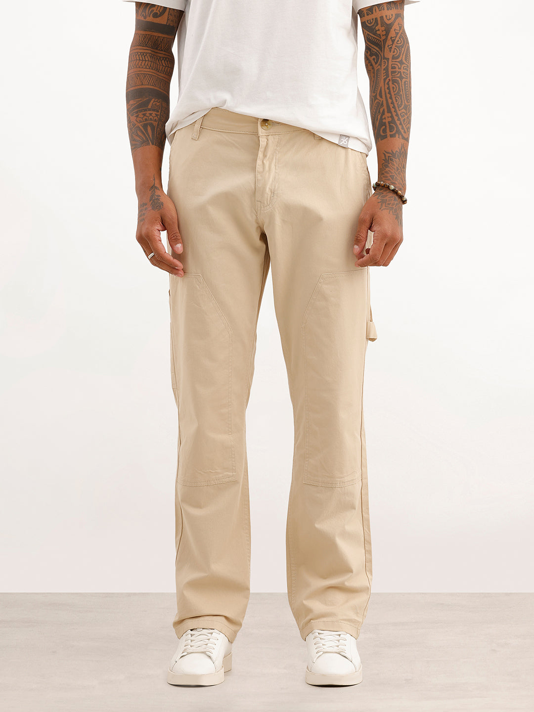 Solid Straight Fit Carpenter Trouser | Beige