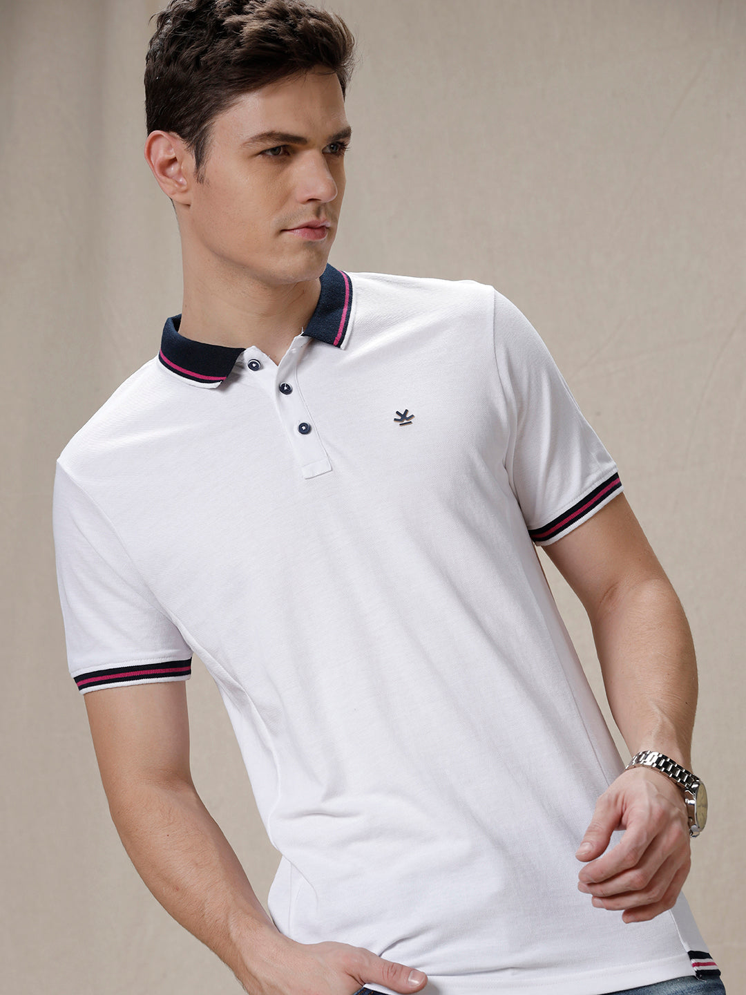 Blocked Edges Solid White Polo T-Shirt