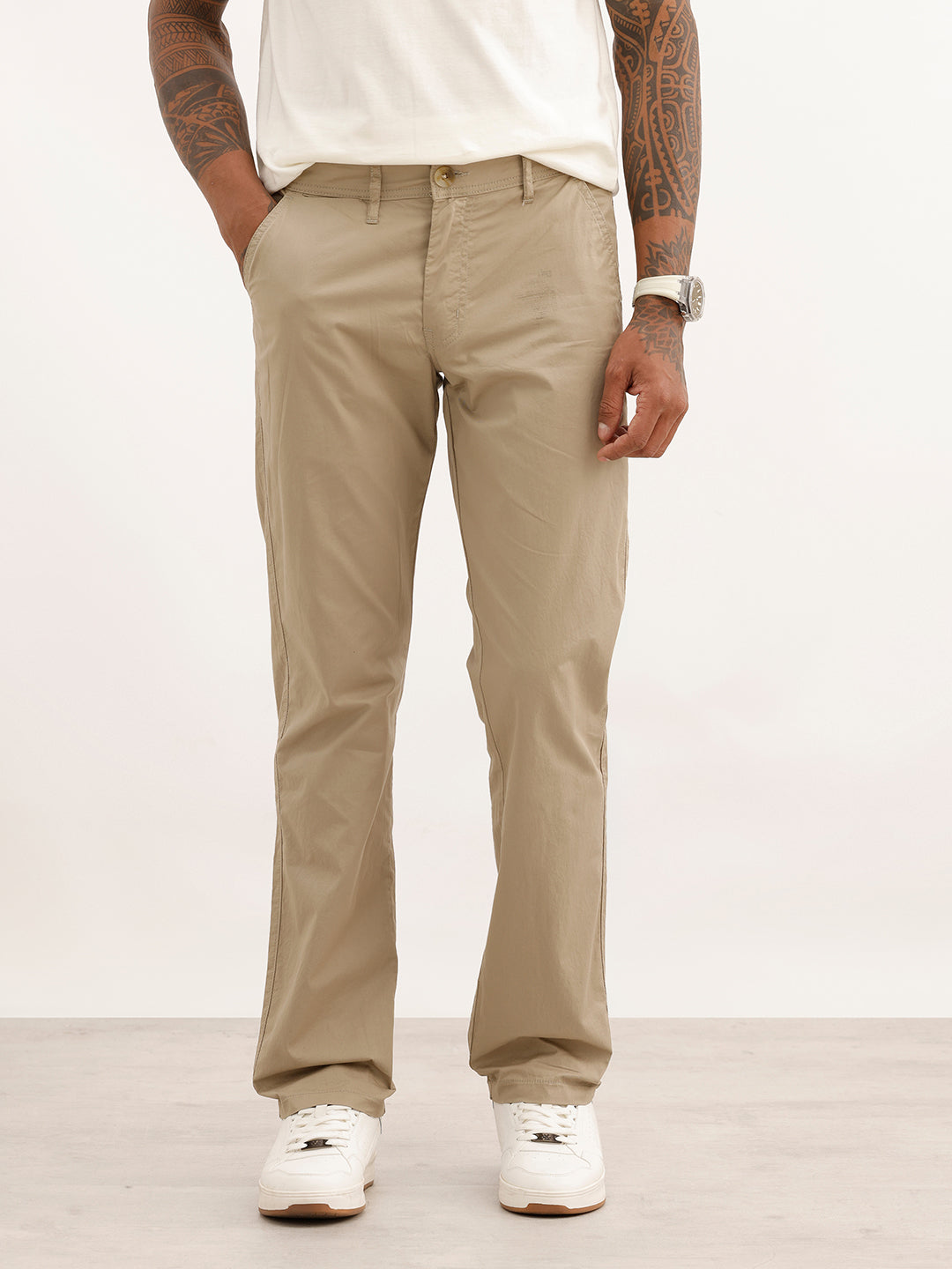 Solid Straight Fit Trouser | Beige