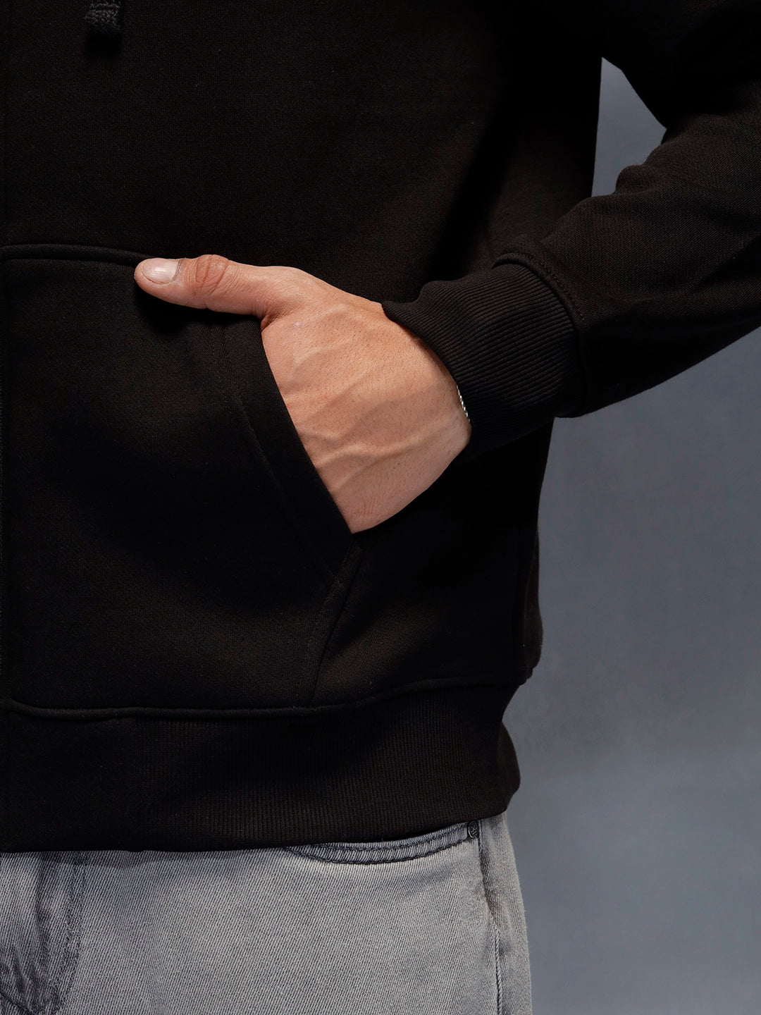 men's casual front zip up hooded sweatshirt | Black