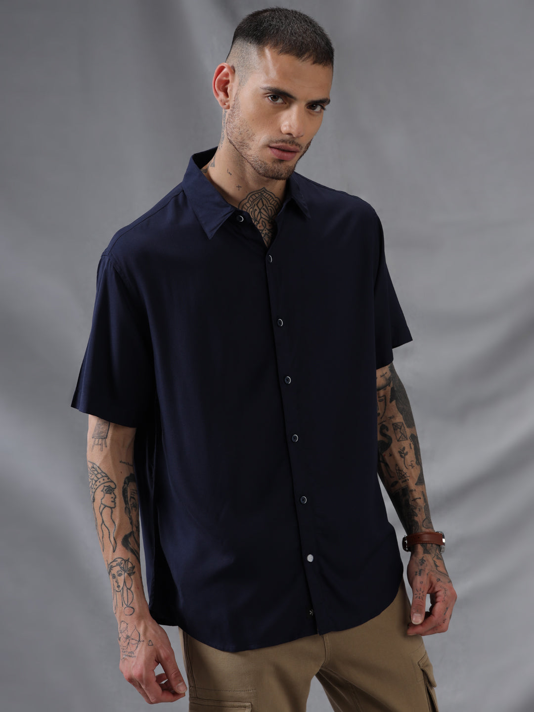 Solid Dark Blue Viscose Shirt