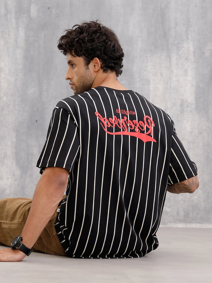 Striped Oversized Fit T-shirt With Puff Print | Black