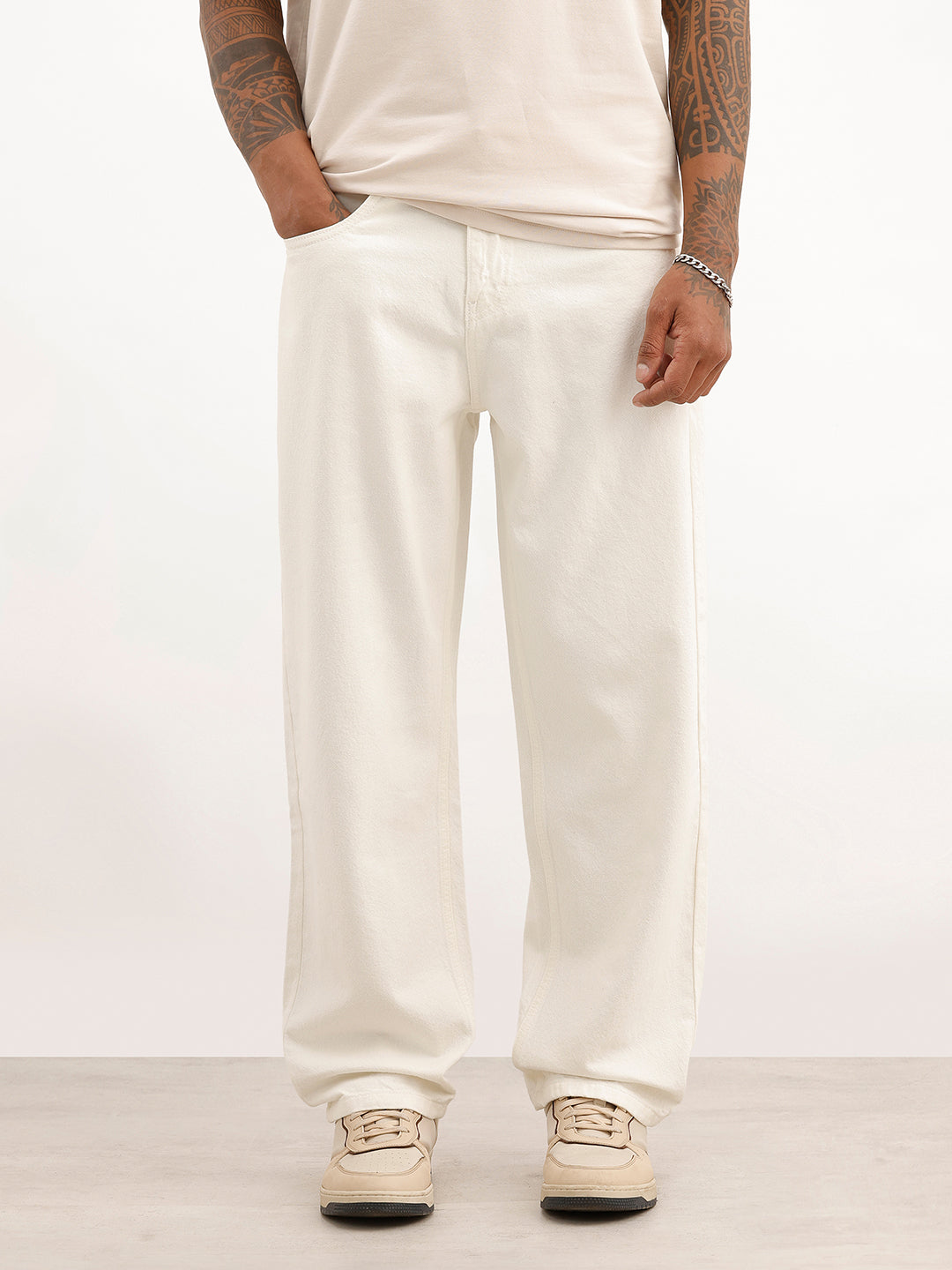 Solid Loose Fit Denim Jeans | White | WTJN1089M