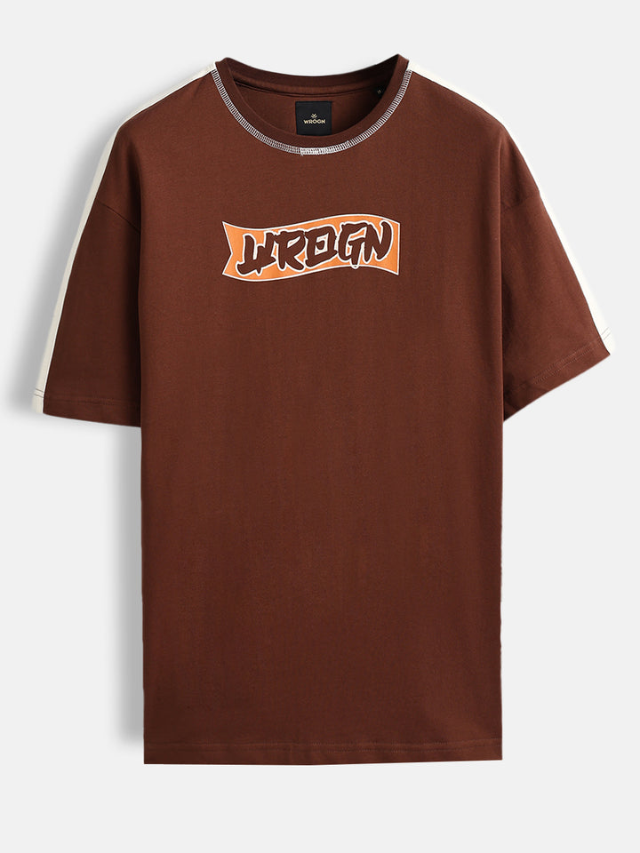 Oversize chest print T-shirt with contrast shoulder and Stitch detail | Brown