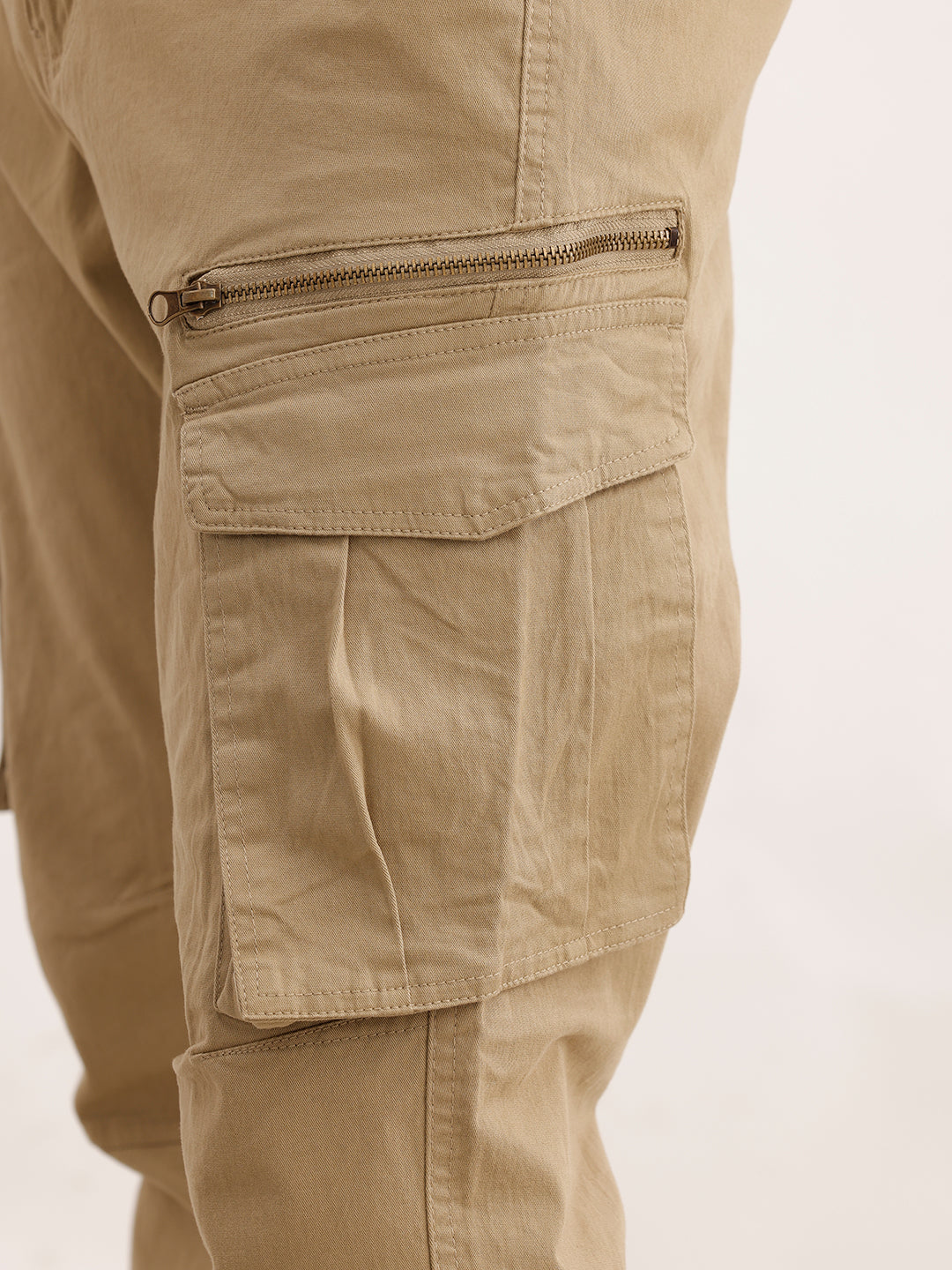 Solid Straight Fit Cargo Trouser | Beige