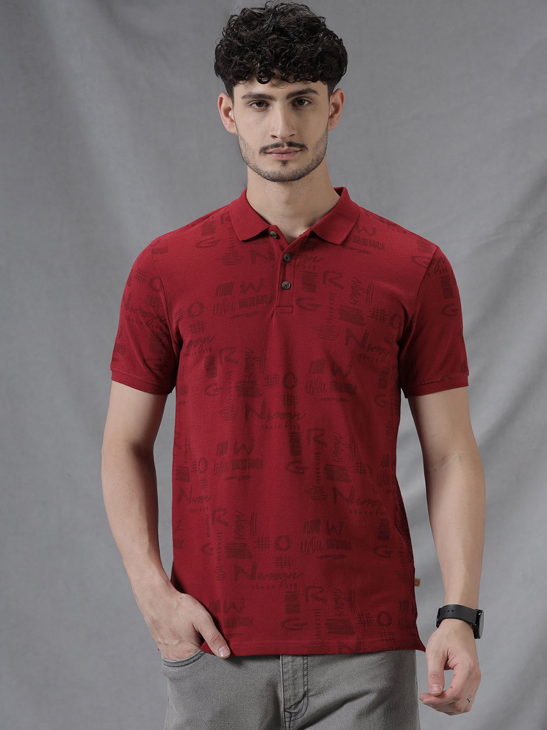 Wrogn Script AOP Red Polo T-Shirt