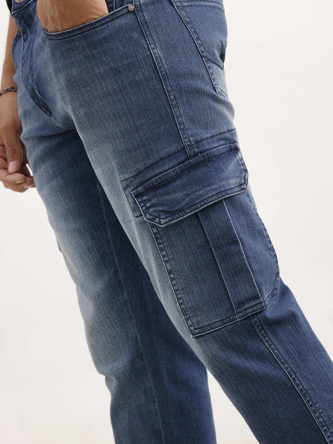 Textured Straight Fit Denim Cargo | Light Blue