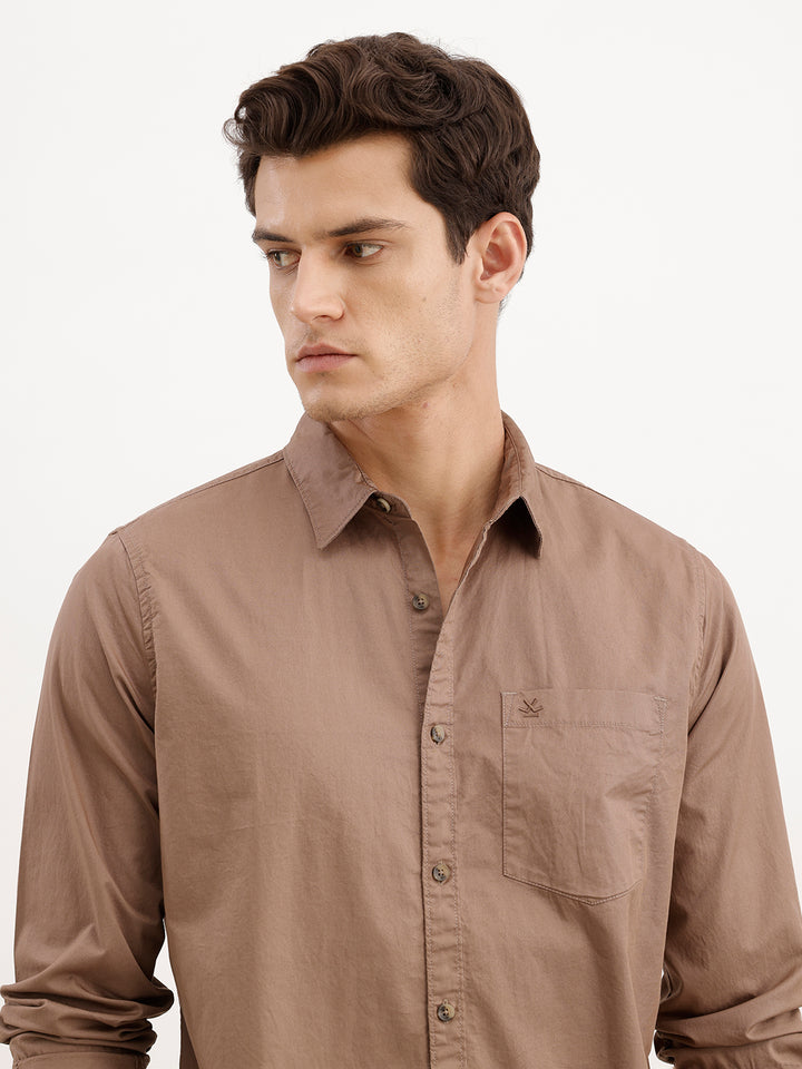 Regular Fit 100% Cotton Solid Shirt | Khaki