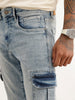 Textured Straight Fit Denim Cargo | Light Blue